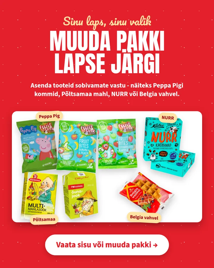 Muuda pakki lapse järgi: Peppa Pigi kommid, Põltsamaa mahl, NURR või Belgia vahvel